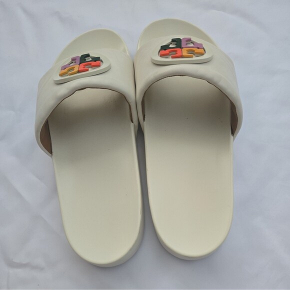 Tory Burch Lina Rainbow Logo Slides Sandals Nappa Leather Ivory Women's 11M - Picture 3 of 7